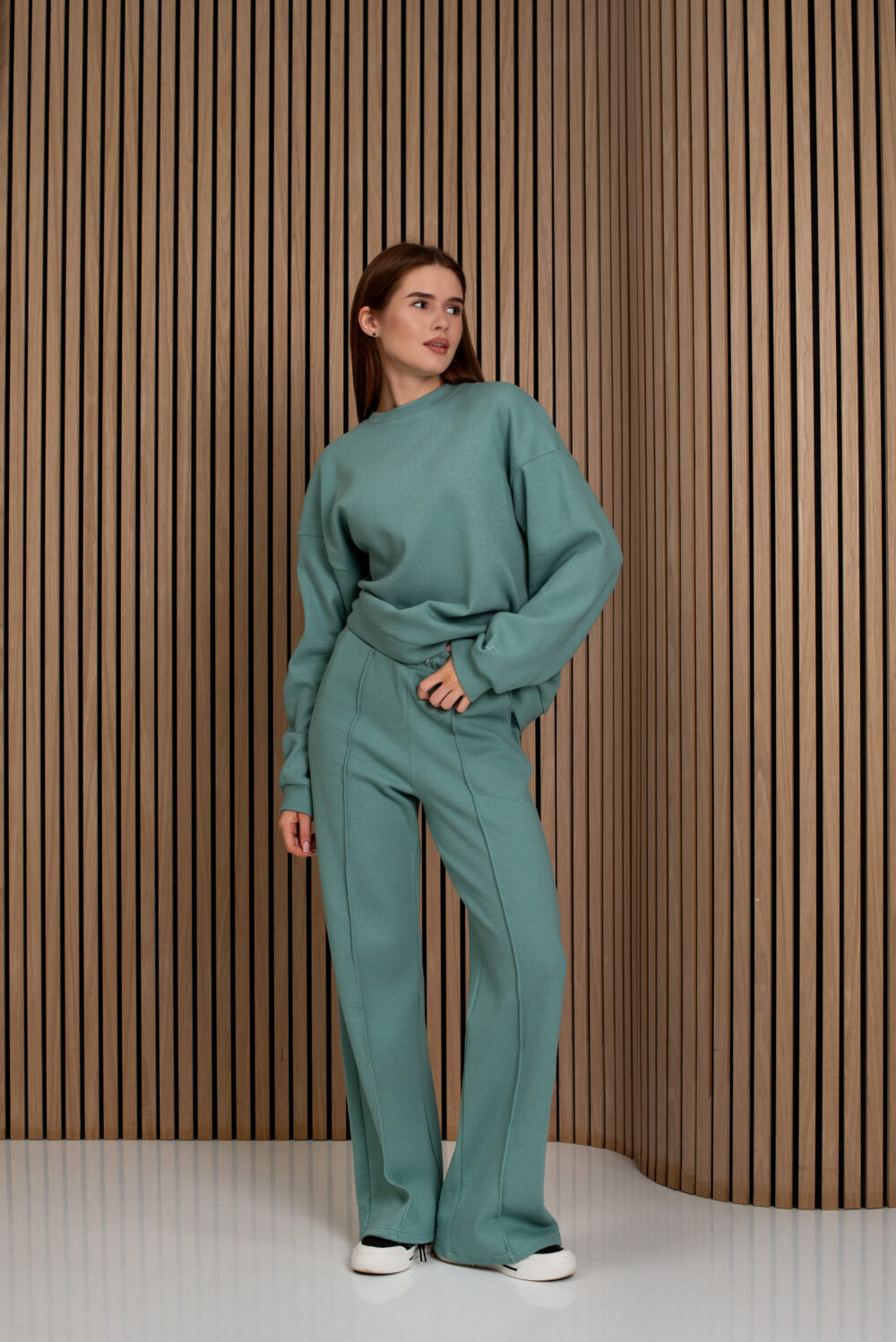 Жіночі штани палаццо вафельні з високою посадкою