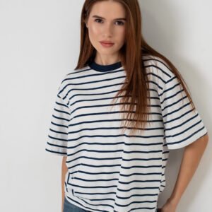 Жіноча футболка в смужку oversize стрейч кулір базова стильна